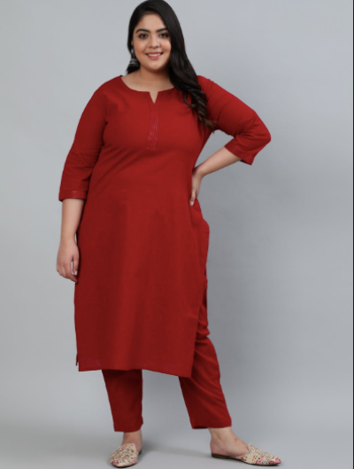 Maroon Embroidered Detail Solid Straight Kurta with Pants