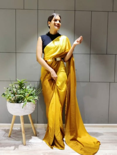 Mustard One Minute Saree Ready to wear sari Blue Bollywood Style