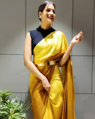 Mustard One Minute Saree Ready to wear sari Blue Bollywood Style
