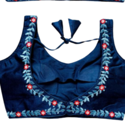 Navy Blue Sleeveless Readymade Saree Blouse Embroidered