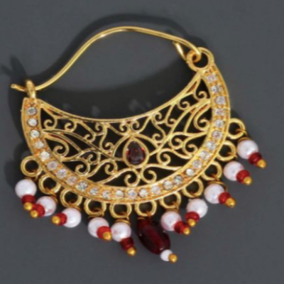Red Gold Piercing Ethnic Designer Pearl Traditional Nose Nathani