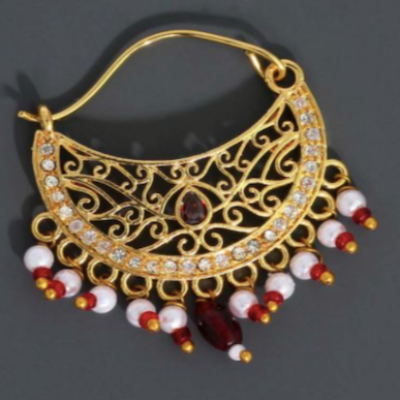 Red Gold Piercing Ethnic Designer Pearl Traditional Nose Nathani