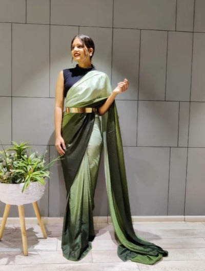One Min Saree Ready to wear Green Satin Sari 