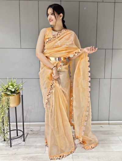 Peach Yellow Mirrorwork 1 Minute Saree Ready to wear sari