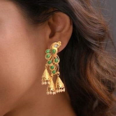 Peacock Green Gold Plated Jhumka Earrings