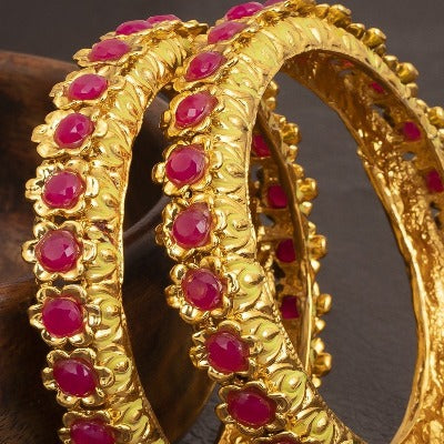 Gold Red Floral Jadau Royal Bangle ( Set of 2 )