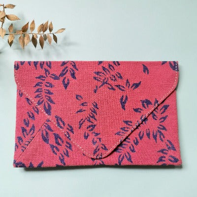 Pink Blue Leaf Design Fabric Clutch