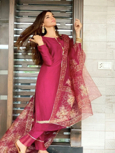 Pink Gold Foil Cotton Salwar Suit Dupatta (Set of 3)