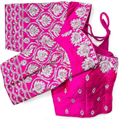 Pink Silver Readymade Saree Blouse Silk Embroidered