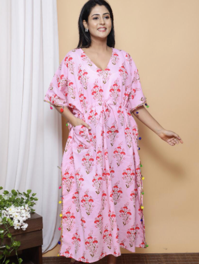 Pink Tassel  Ajrakh Block Printed Cotton Kaftan