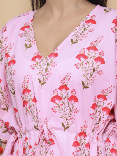 Pink Tassel  Ajrakh Block Printed Cotton Kaftan