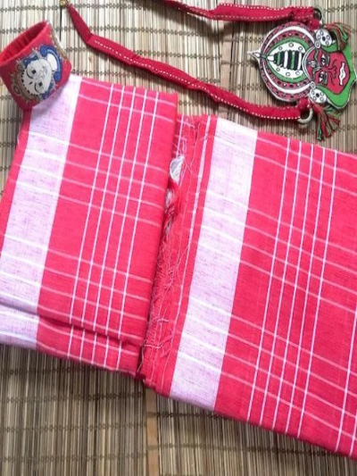 Dark Pink White Checks Bengal Handloom Cotton Saree