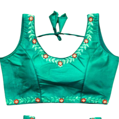 Rama Green Sleeveless Readymade Saree Blouse Embroidered