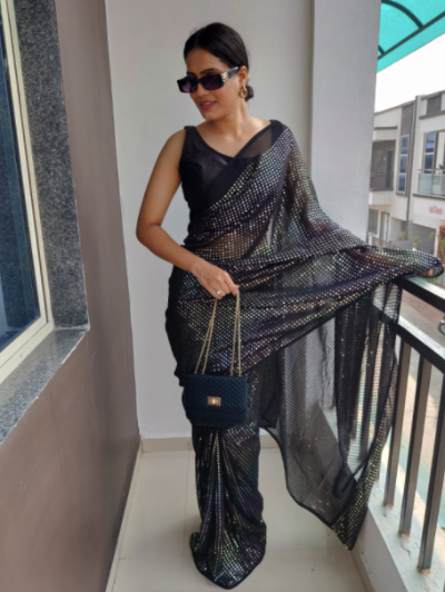 Buy Black Sequin 1 Min Saree  Ready to wear Sari UK – BONYHUB
