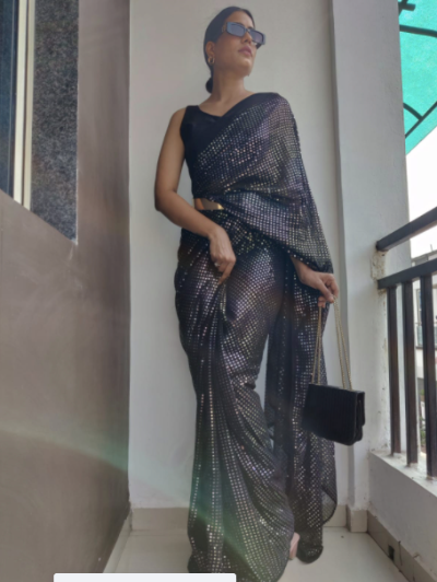 Buy Black Sequin 1 Min Saree  Ready to wear Sari UK – BONYHUB