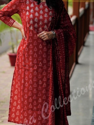 Red Embroidered Salwar Kameez( Set of 3 )
