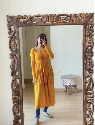 Yellow Embroidered Stylish Cotton Kurti for Women