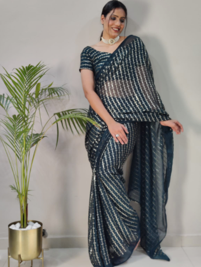 Teal 1 Min Saree Sequin Designer Sari