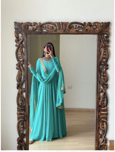 Turquoise Anarkali Long Kurti Dupatta 2 Pcs