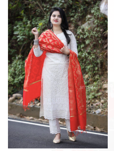 Pink Banarasi Cream Chickenkari Cotton Salwar Suit