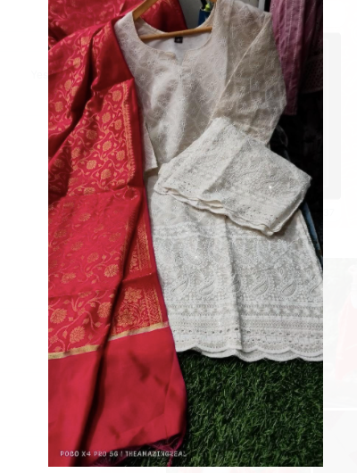 Pink Banarasi Cream Chickenkari Cotton Salwar Suit
