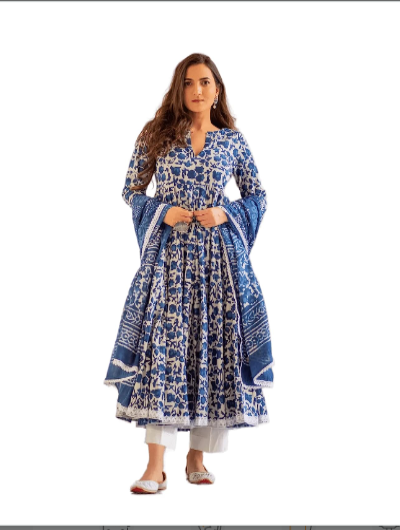 Indigo Anarkali Indian Suit Casual Cotton Kurta Pant Set