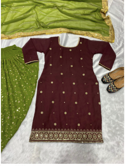 Maroon Mehandi Green Georgette Embroidered Readymade Suit