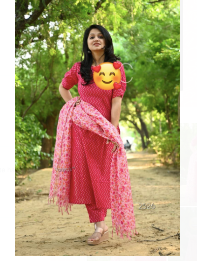 Pink Cotton Salwar Suit with Floral Organza Dupatta