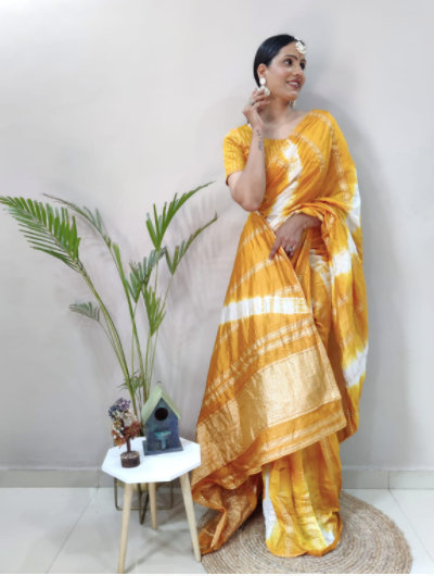 1 Min Saree Ready to Wear Yellow Chanderi Silk Sari