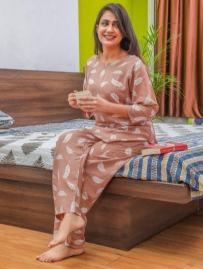 Beige Women Cotton Ladies Night Wear Pajama Suit