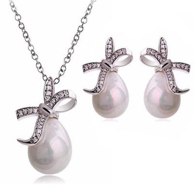 Silver Bow Knot Pearl Crystals Jewelry Set 