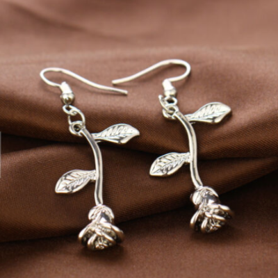 Silver Rose Earrings Flower Dangle Drop