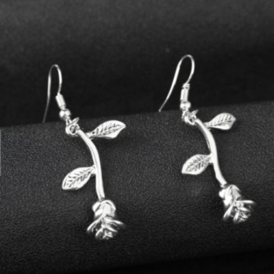 Silver Rose Earrings Flower Dangle Drop