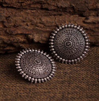 Silver Round Floral Silver- Toned Stud Earrings
