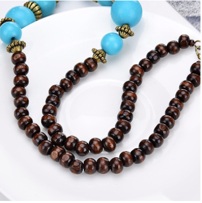 Silver Turquoise Wood Fashion Bead Tribal Necklace 