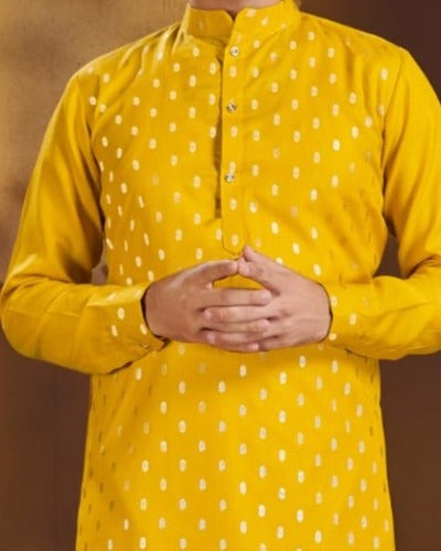 Designer Yellow Gold Silk Cotton Men Kurta Pajama