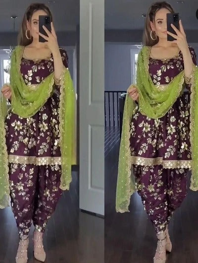 Purple Green Embroidered Patiala Readymade Suit
