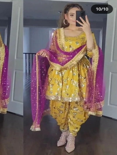 Yellow Pink Embroidered Patiala Readymade Suit