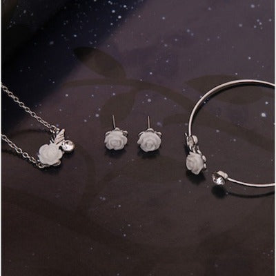 White Rose Silver Earring Necklace Bracelet Set 