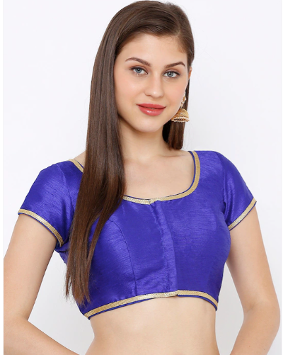 Women Blue Solid Cotton Silk Round Neck Solid Readymade Saree Blouse