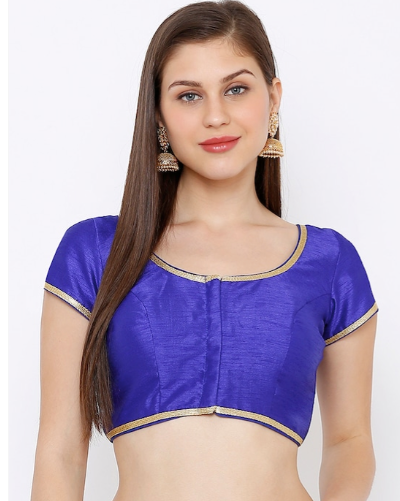 Women Blue Solid Cotton Silk Round Neck Solid Readymade Saree Blouse