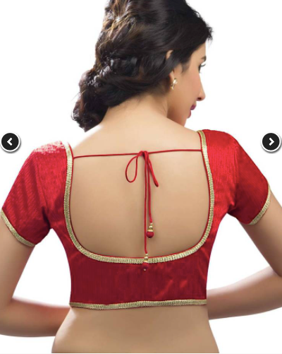 Women Red Silk Cotton Round Neck Solid Readymade Saree Blouse