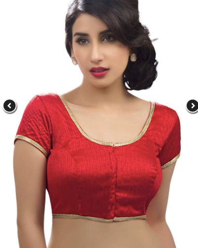 Women Red Silk Cotton Round Neck Solid Readymade Saree Blouse