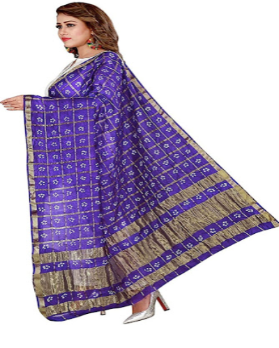 Women's Art Silk Blue Gold Bandhej Ghatchola Dupatta
