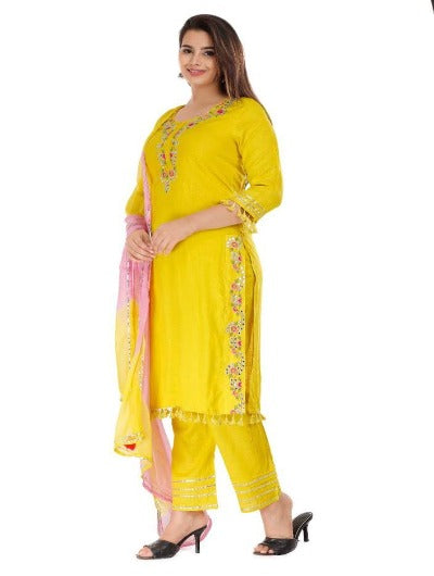 Yellow Embroidered Cotton Salwar Suit