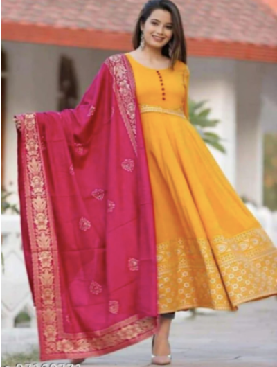 Yellow Long kurti with red heavy gold foil pink dupatta .png