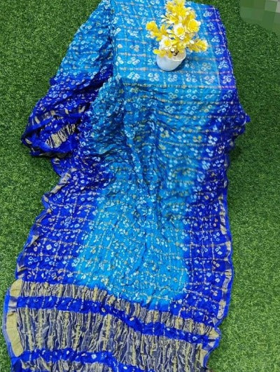 Women's Art Silk Blue Navy Gold Bandhej Ghatchola Dupatta