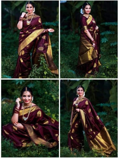 Maroon Gold Silk Designer Saree Bridal Wedding Sari