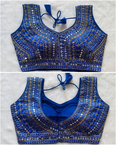 Embroidery Sleeveless Readymade Sequin Saree Blouse blue