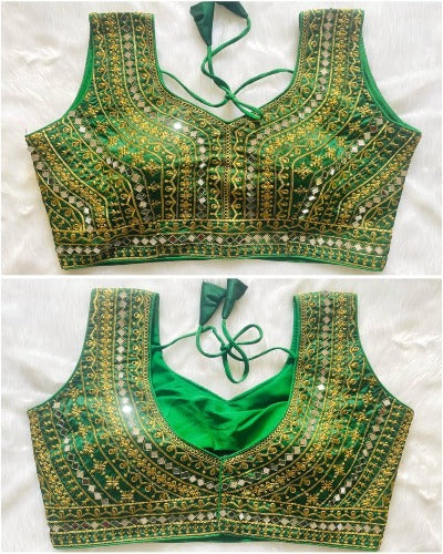 Embroidery Sleeveless Readymade Sequin Saree Blouse green